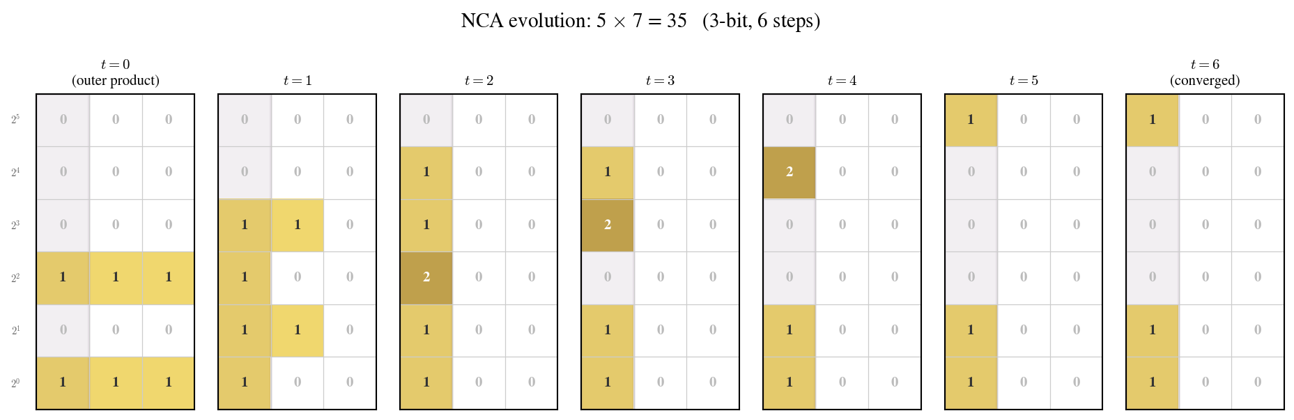 NCA evolution showing 5 times 7 equals 35